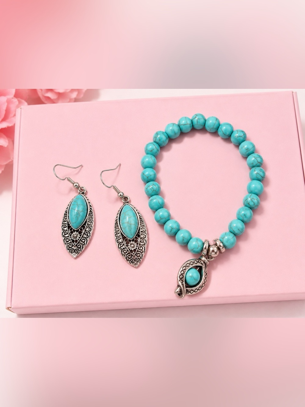 Turquoise Bead Stretch Bracelet with Silver-Tone Charm - Women Turkish Jewelry